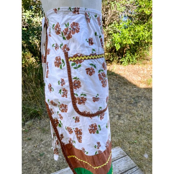 Vintage Brown Green Floral Long Half Apron Ric-rac Farmhouse - Picture 11 of 11